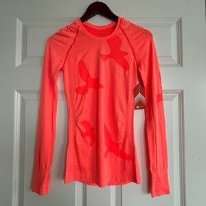 Oiselle Bright Coral Bird Print Long Sleeve Top
